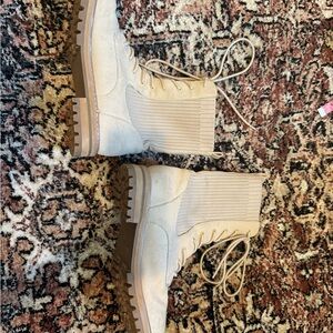 Cream Combat Moto Boots with Chunky Sole